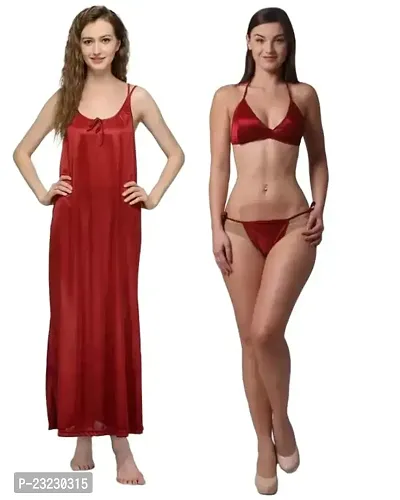 Tiash Set of Women's Long Ankle Length Maroon Nighty  Bikni S