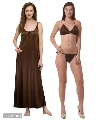 Tiash Set of Women's Long Ankle Length Brown Nighty  Bikni XS