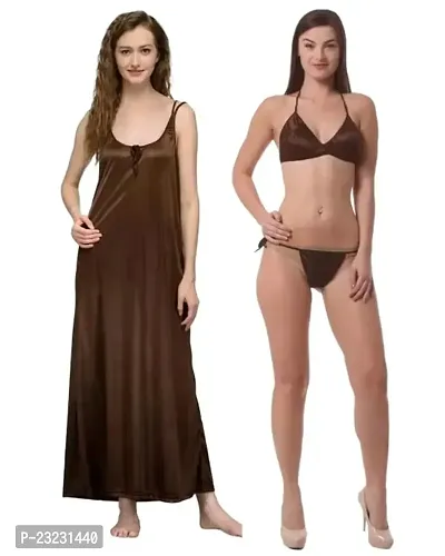 Tiash Set of Women's Long Ankle Length Brown Nighty  Bikni S-thumb0