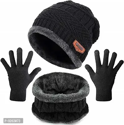 Classy Woolen Beanie Cap with Neck Warmer for Unisex with Gloves