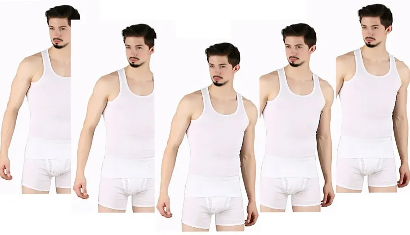 Pack Of 5 Men's Sleeveless White Cotton Solid Basic Vest