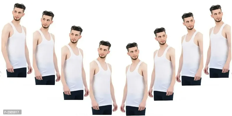 Men's White Cotton Solid Basic Vest - Pack Of 8