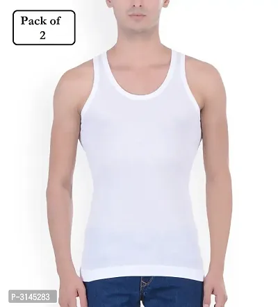 Men's White Cotton Solid Basic Vest (Pack of 2)-thumb0