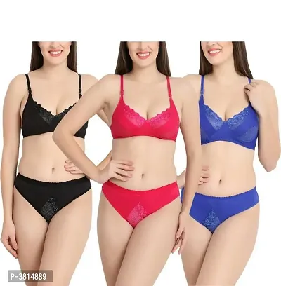 Cotton Blend Pack Of  3 Matching Bra Panty Set-thumb0