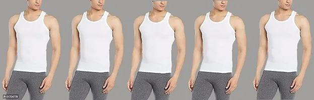 Elegant White Cotton Solid Sleeveless Vests For Men- Pack Of 5-thumb0