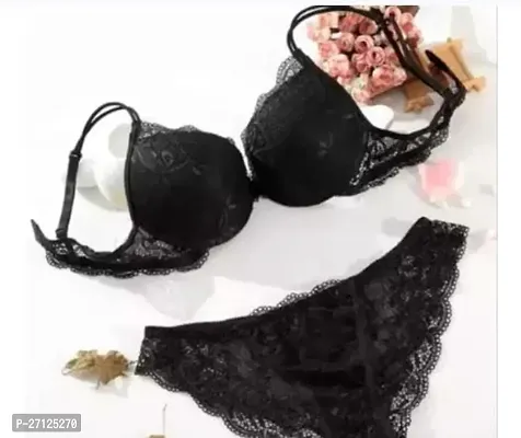 Elegant Black Lace Bra And Panty Set For Women-thumb0