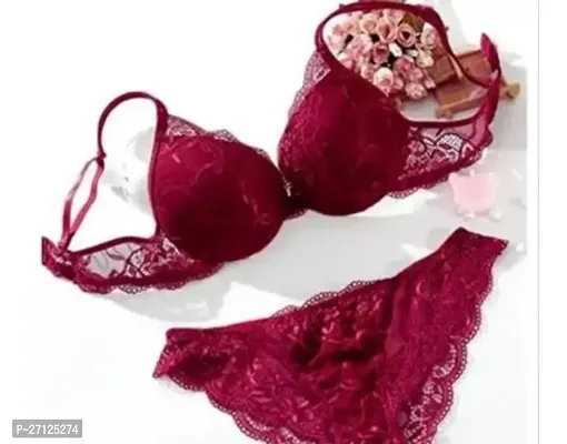 Elegant Maroon Lace Bra And Panty Set For Women-thumb0