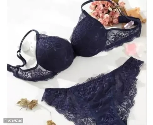 Elegant Navy Blue Lace Bra And Panty Set For Women-thumb0