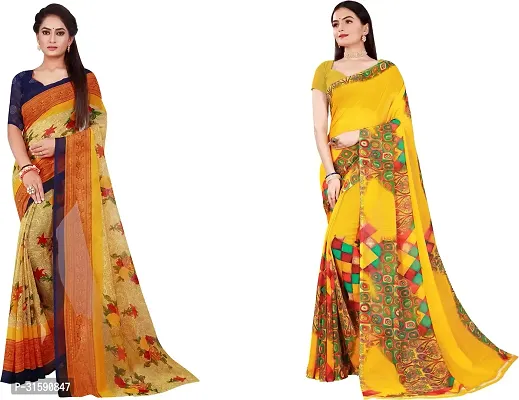 Stylish Yellow Georgette Saree With Blouse Piece For Women Pack Of 2-thumb0