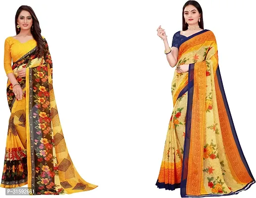 Stylish Yellow Georgette Saree With Blouse Piece For Women Pack Of 2-thumb0