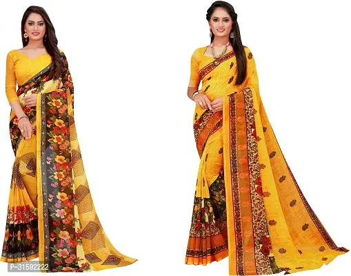 Stylish Yellow Georgette Saree With Blouse Piece For Women Pack Of 2-thumb0