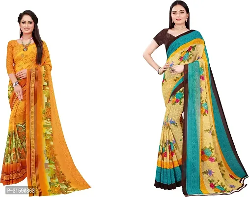 Stylish Yellow Georgette Saree With Blouse Piece For Women Pack Of 2-thumb0