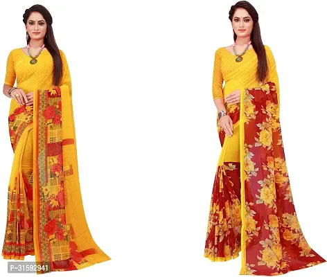 Stylish Yellow Georgette Saree With Blouse Piece For Women Pack Of 2-thumb0