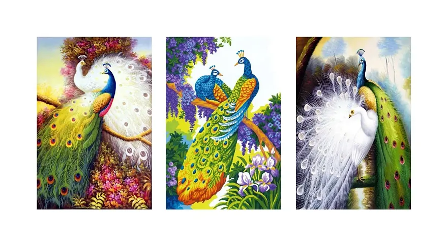 Sticker Studio Couple Peacock Canvas Art Painting, MDF Wood - Print Laminated Frame, Perfect For Home Decor And Wall Decorations ? Gift Item - Pack of 3 (size - 12 x 8 inches) Multicolour
