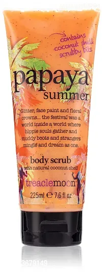 Treaclemoon Papaya Summer Scented De-tan Body Scrub with Natural Coconut Shell Scrubby Bits| Paraben Free | Vegan Friendly | Cruelty Free - Removes Dirt  Dead Skin from Neck, Knees, Elbows  Arms for All Skin Type - 225 Ml.