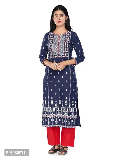 NAVY BLUE PANEL PRINTED COTTON STRAIGHT KURTA WITH RED PANT