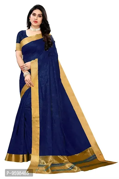 BANSARI FASHION Women's Cotton Blend Saree with Unstitched Blouse Piece (Dark Blue)-thumb0