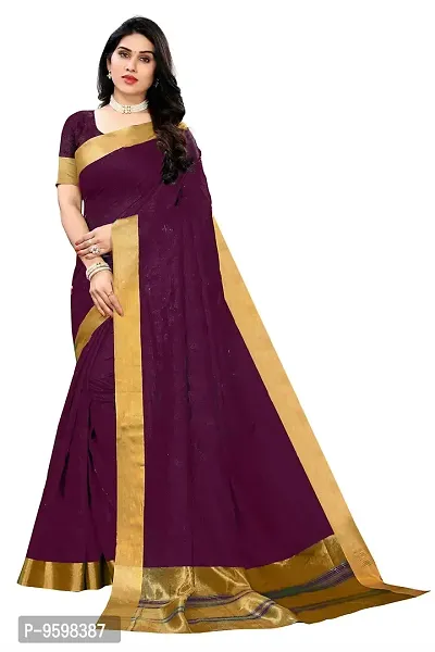 BANSARI FASHION Women's Cotton Blend Saree with Unstitched Blouse Piece (Purple).-thumb0