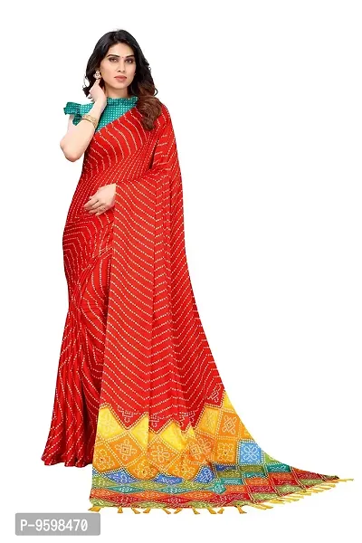 BANSARI FASHION Women's Chiffon Saree with Unstitched Blouse Piece {Red}