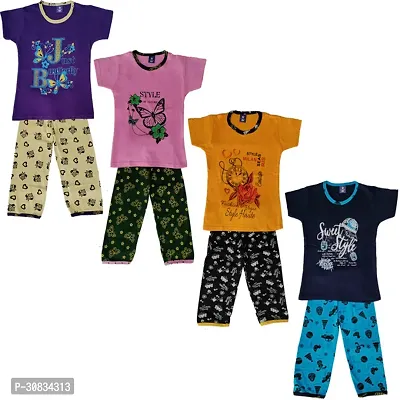 Comfortable Multicoloured Cotton Printed Top With Bottom Set For Girls-Pack Of 4