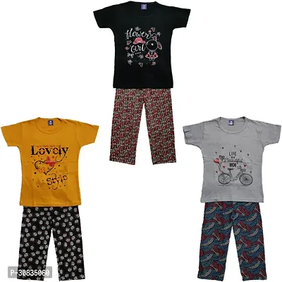 Comfortable Multicoloured Cotton Printed Top With Bottom Set For Girls-Pack Of 3