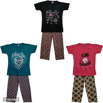 Comfortable Multicoloured Cotton Printed Top With Bottom Set For Girls-Pack Of 3-thumb0