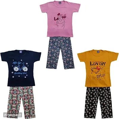 Comfortable Multicoloured Cotton Printed Top With Bottom Set For Girls-Pack Of 3-thumb0