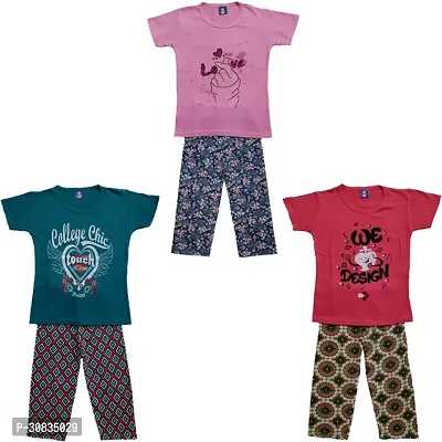 Comfortable Multicoloured Cotton Printed Top With Bottom Set For Girls-Pack Of 3