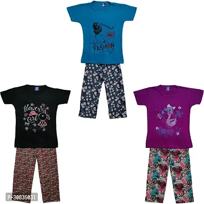 Comfortable Multicoloured Cotton Printed Top With Bottom Set For Girls-Pack Of 3-thumb0