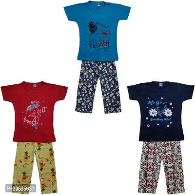 Comfortable Multicoloured Cotton Printed Top With Bottom Set For Girls-Pack Of 3