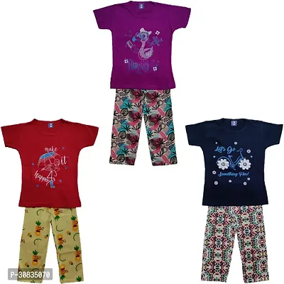 Comfortable Multicoloured Cotton Printed Top With Bottom Set For Girls-Pack Of 3