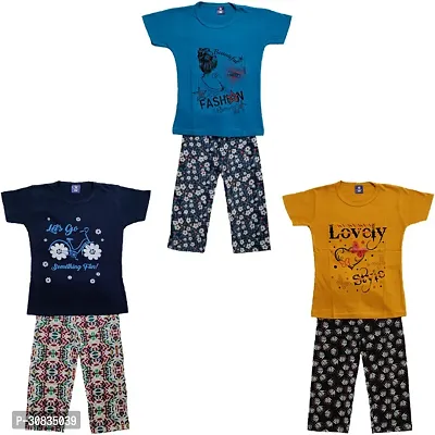 Comfortable Multicoloured Cotton Printed Top With Bottom Set For Girls-Pack Of 3-thumb0