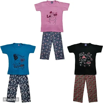 Comfortable Multicoloured Cotton Printed Top With Bottom Set For Girls-Pack Of 3-thumb0