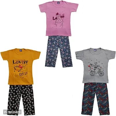 Comfortable Multicoloured Cotton Printed Top With Bottom Set For Girls-Pack Of 3