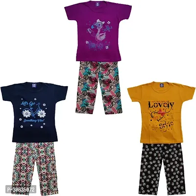 Comfortable Multicoloured Cotton Printed Top With Bottom Set For Girls-Pack Of 3-thumb0