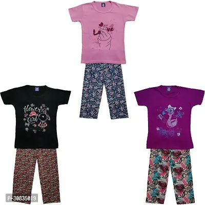 Comfortable Multicoloured Cotton Printed Top With Bottom Set For Girls-Pack Of 3