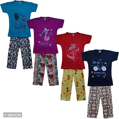 Comfortable Multicoloured Cotton Printed Top With Bottom Set For Girls-Pack Of 4