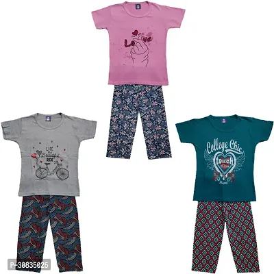 Comfortable Multicoloured Cotton Printed Top With Bottom Set For Girls-Pack Of 3