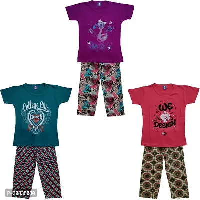 Comfortable Multicoloured Cotton Printed Top With Bottom Set For Girls-Pack Of 3