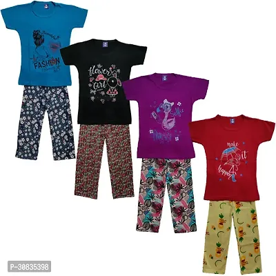 Comfortable Multicoloured Cotton Printed Top With Bottom Set For Girls-Pack Of 4