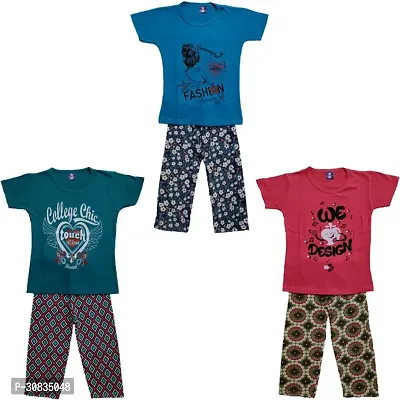 Comfortable Multicoloured Cotton Printed Top With Bottom Set For Girls-Pack Of 3