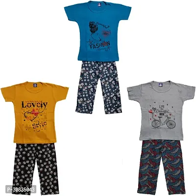 Comfortable Multicoloured Cotton Printed Top With Bottom Set For Girls-Pack Of 3