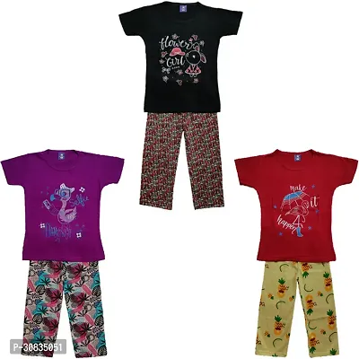 Comfortable Multicoloured Cotton Printed Top With Bottom Set For Girls-Pack Of 3-thumb0