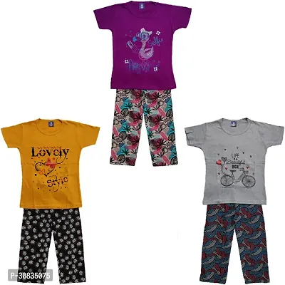 Comfortable Multicoloured Cotton Printed Top With Bottom Set For Girls-Pack Of 3-thumb0