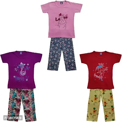 Comfortable Multicoloured Cotton Printed Top With Bottom Set For Girls-Pack Of 3-thumb0