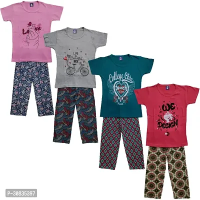 Comfortable Multicoloured Cotton Printed Top With Bottom Set For Girls-Pack Of 4-thumb0