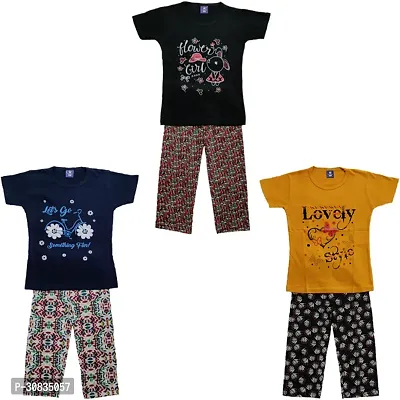 Comfortable Multicoloured Cotton Printed Top With Bottom Set For Girls-Pack Of 3