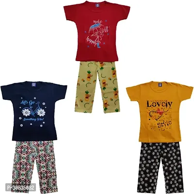 Comfortable Multicoloured Cotton Printed Top With Bottom Set For Girls-Pack Of 3