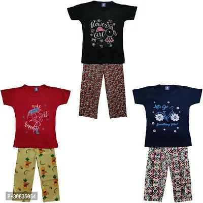 Comfortable Multicoloured Cotton Printed Top With Bottom Set For Girls-Pack Of 3-thumb0