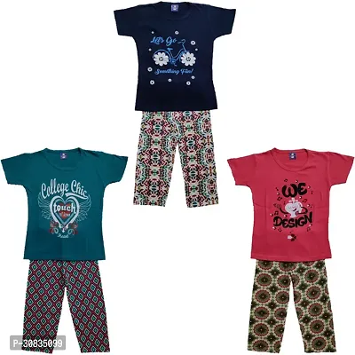 Comfortable Multicoloured Cotton Printed Top With Bottom Set For Girls-Pack Of 3-thumb0